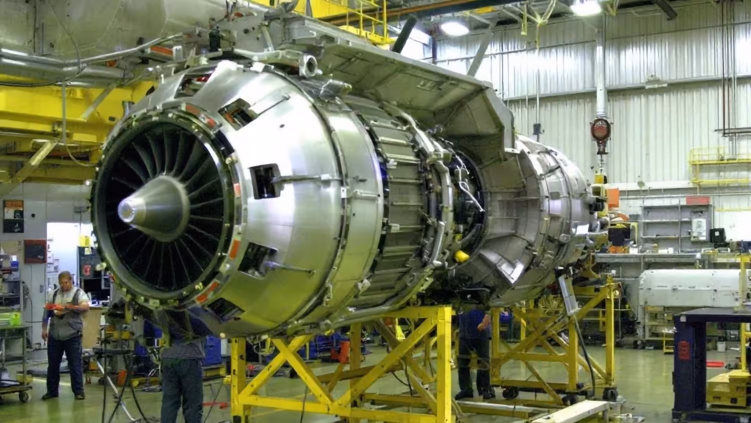 Aircraft jet engine in an aerospace manufacturing facility